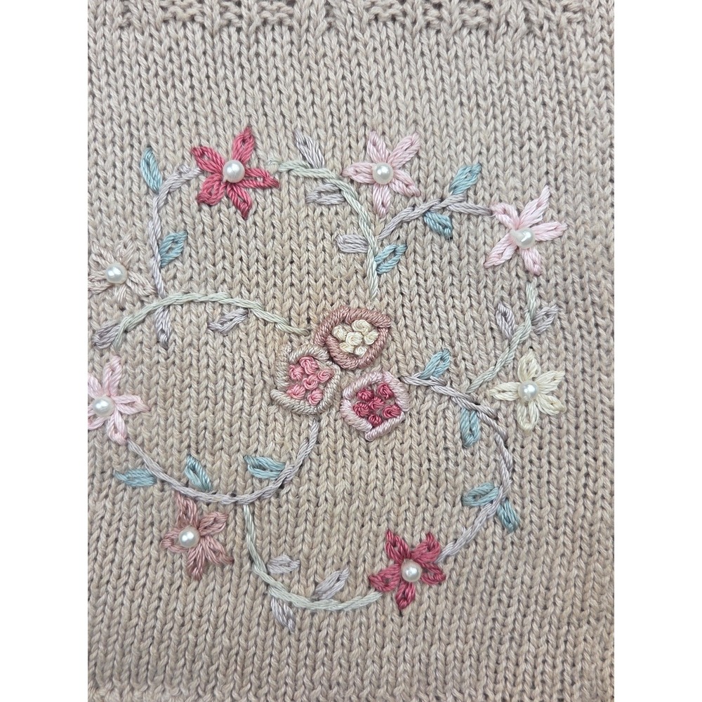 Vtg 1990s Embroidered Pearl Heart Flower Cable Knit Sweater Cottage Tan Tunic M - Picture 8 of 14
